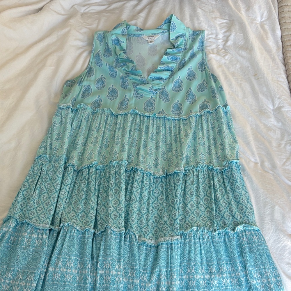 Crown & ivy Blue and White Sleeveless Ruffle Dress